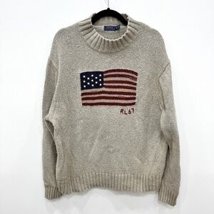 Polo Ralph Lauren Iconic American Flag Sweater heavy knit mock neck Sz XL linen